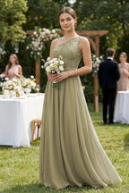 One-Shoulder Lace Chiffon A-Line Bridesmaid Dress in Thyme - Curvevia