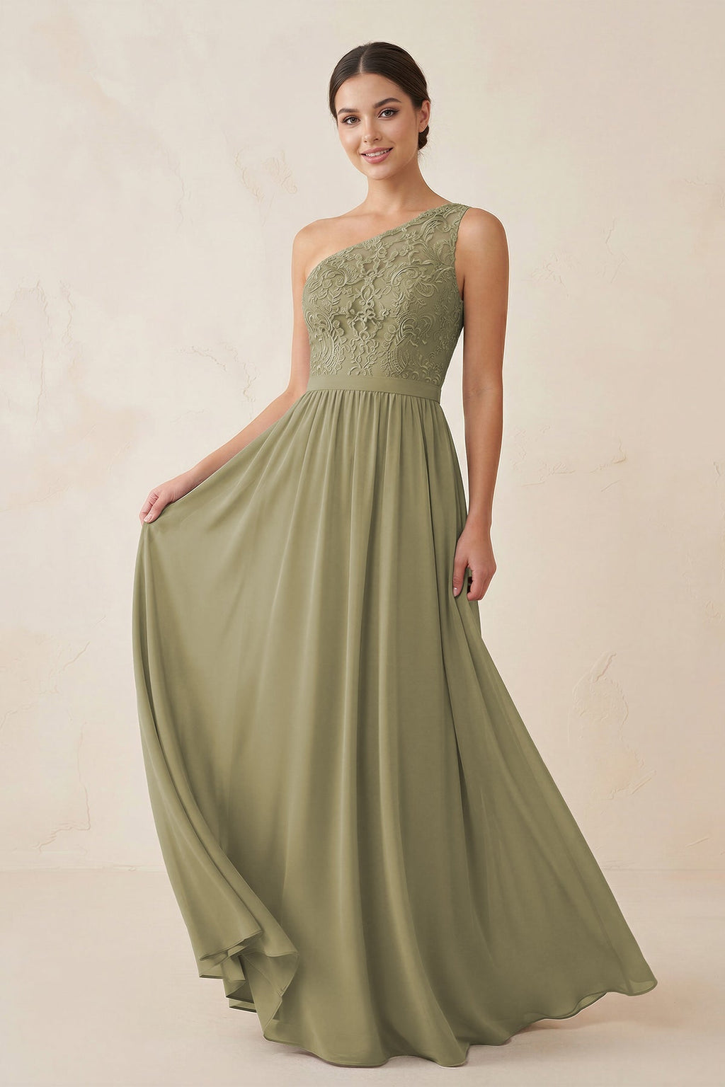 One-Shoulder Lace Chiffon A-Line Bridesmaid Dress in Thyme - Curvevia