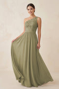 One-Shoulder Lace Chiffon A-Line Bridesmaid Dress in Thyme - Curvevia