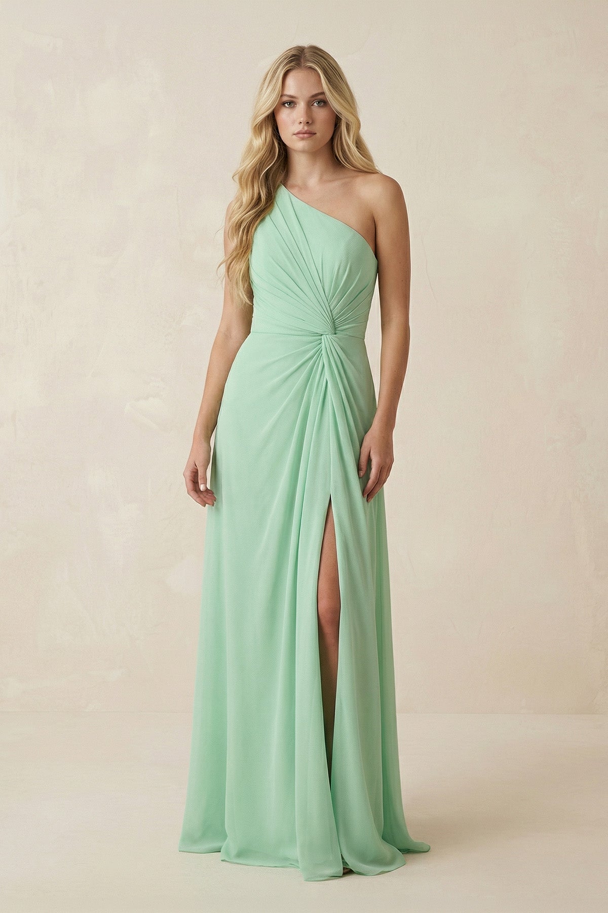 One-Shoulder Ruched A-Line Chiffon Bridesmaid Dress in Pale Pistachio - Curvevia