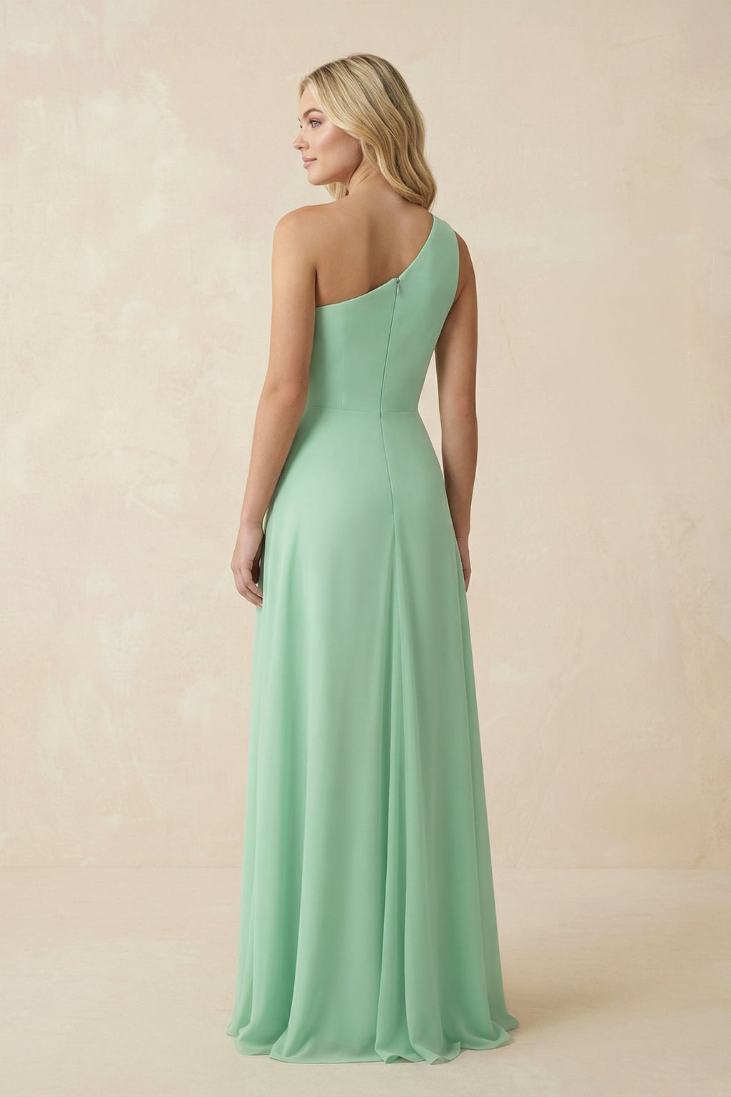One-Shoulder Ruched A-Line Chiffon Bridesmaid Dress in Pale Pistachio - Curvevia