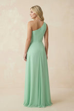 One-Shoulder Ruched A-Line Chiffon Bridesmaid Dress in Pale Pistachio - Curvevia