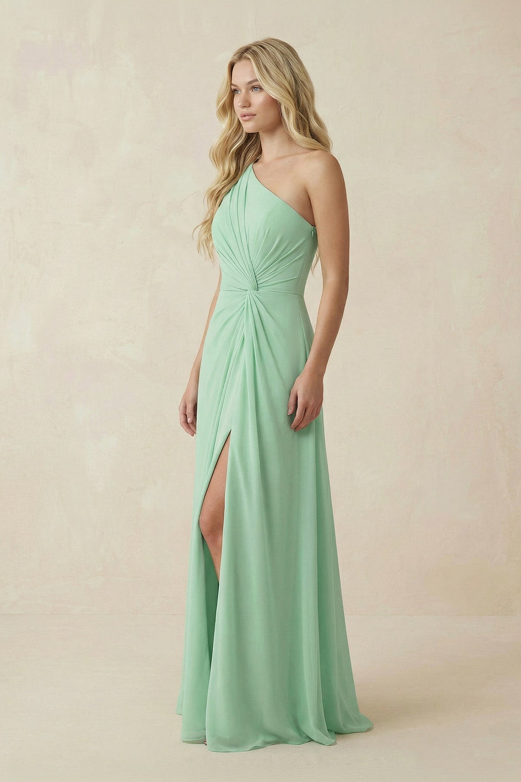 One-Shoulder Ruched A-Line Chiffon Bridesmaid Dress in Pale Pistachio - Curvevia