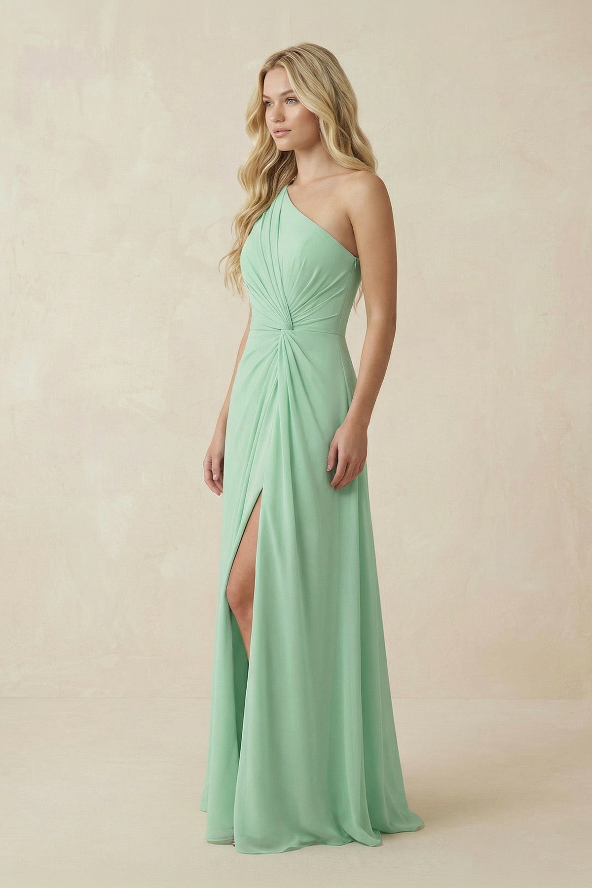 One-Shoulder Ruched A-Line Chiffon Bridesmaid Dress in Pale Pistachio - Curvevia