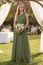 One-Shoulder Ruched A-Line Satin Bridesmaid Dress in Willow Green - Curvevia