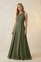 One-Shoulder Ruched A-Line Satin Bridesmaid Dress in Willow Green - Curvevia