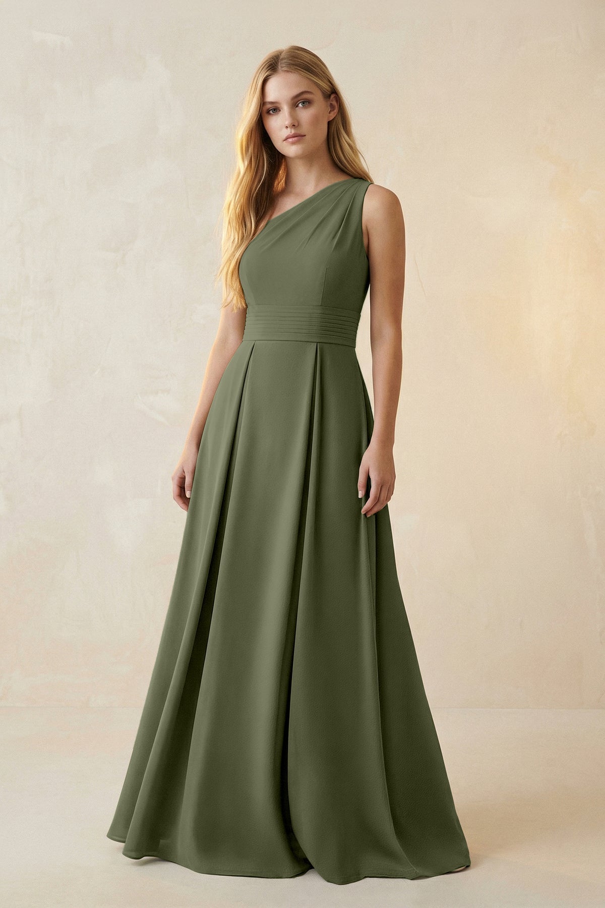 One-Shoulder Ruched A-Line Satin Bridesmaid Dress in Willow Green - Curvevia
