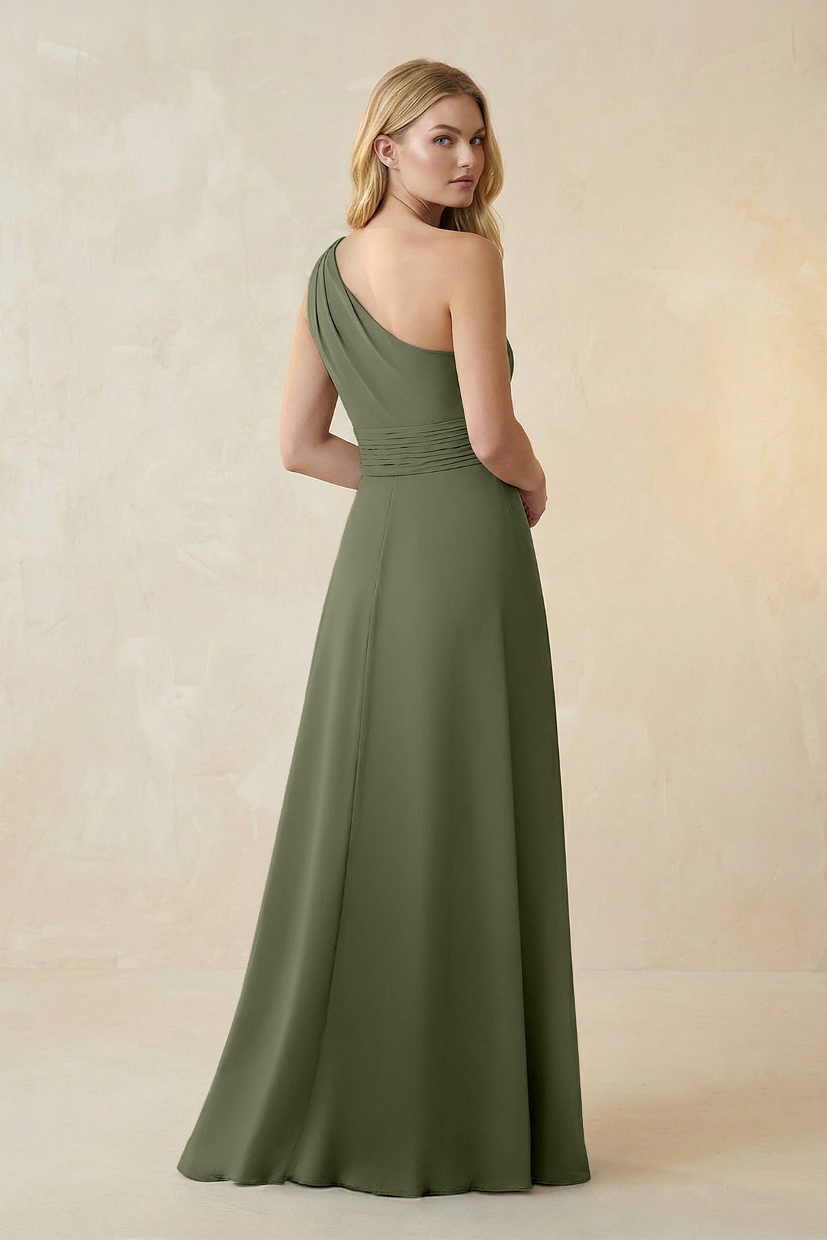 One-Shoulder Ruched A-Line Satin Bridesmaid Dress in Willow Green - Curvevia