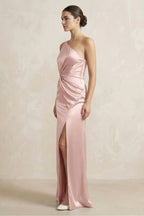 One-Shoulder Ruched Sheath Satin Bridesmaid Dress in English Rose - Curvevia