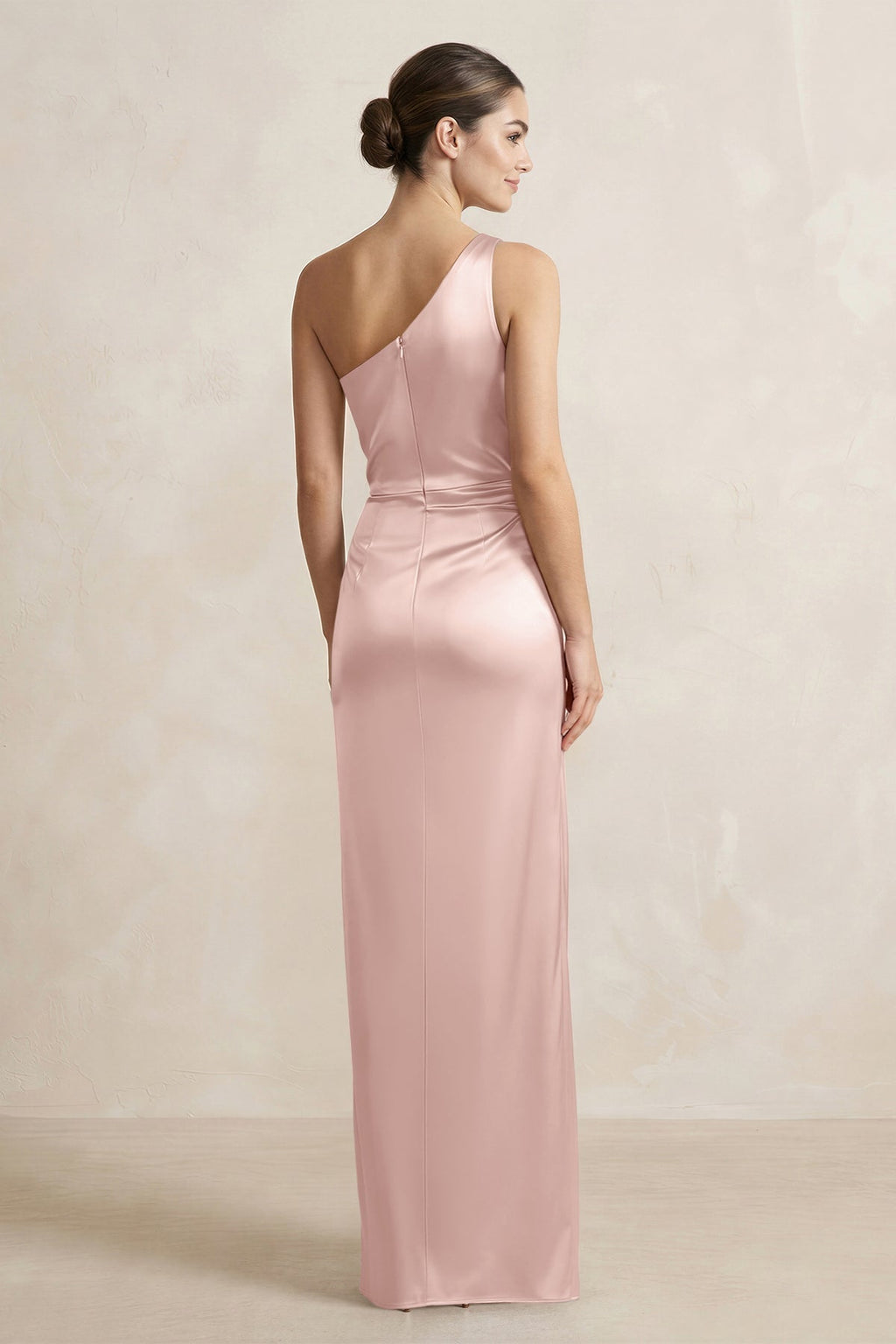 One-Shoulder Ruched Sheath Satin Bridesmaid Dress in English Rose - Curvevia