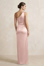 One-Shoulder Ruched Sheath Satin Bridesmaid Dress in English Rose - Curvevia