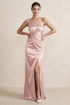 One-Shoulder Ruched Sheath Satin Bridesmaid Dress in English Rose - Curvevia