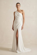 One-Shoulder Satin Mermaid Ruched Wedding Dress With Slit in Ivory - Curvevia