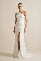 One-Shoulder Satin Mermaid Ruched Wedding Dress With Slit in Ivory - Curvevia