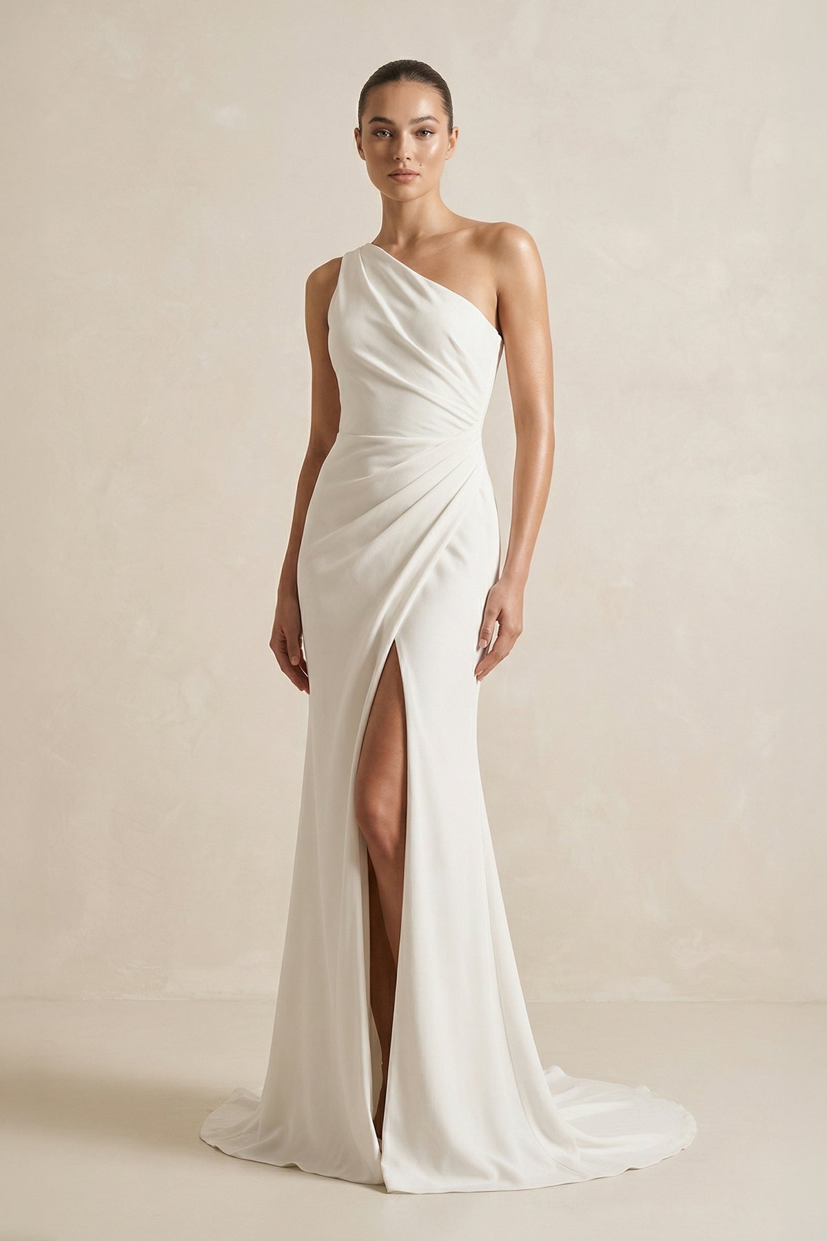 One-Shoulder Satin Mermaid Ruched Wedding Dress With Slit in Ivory - Curvevia