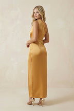 One-Shoulder Satin Ruched Sheath Bridesmaid Dress in Marigold - Curvevia
