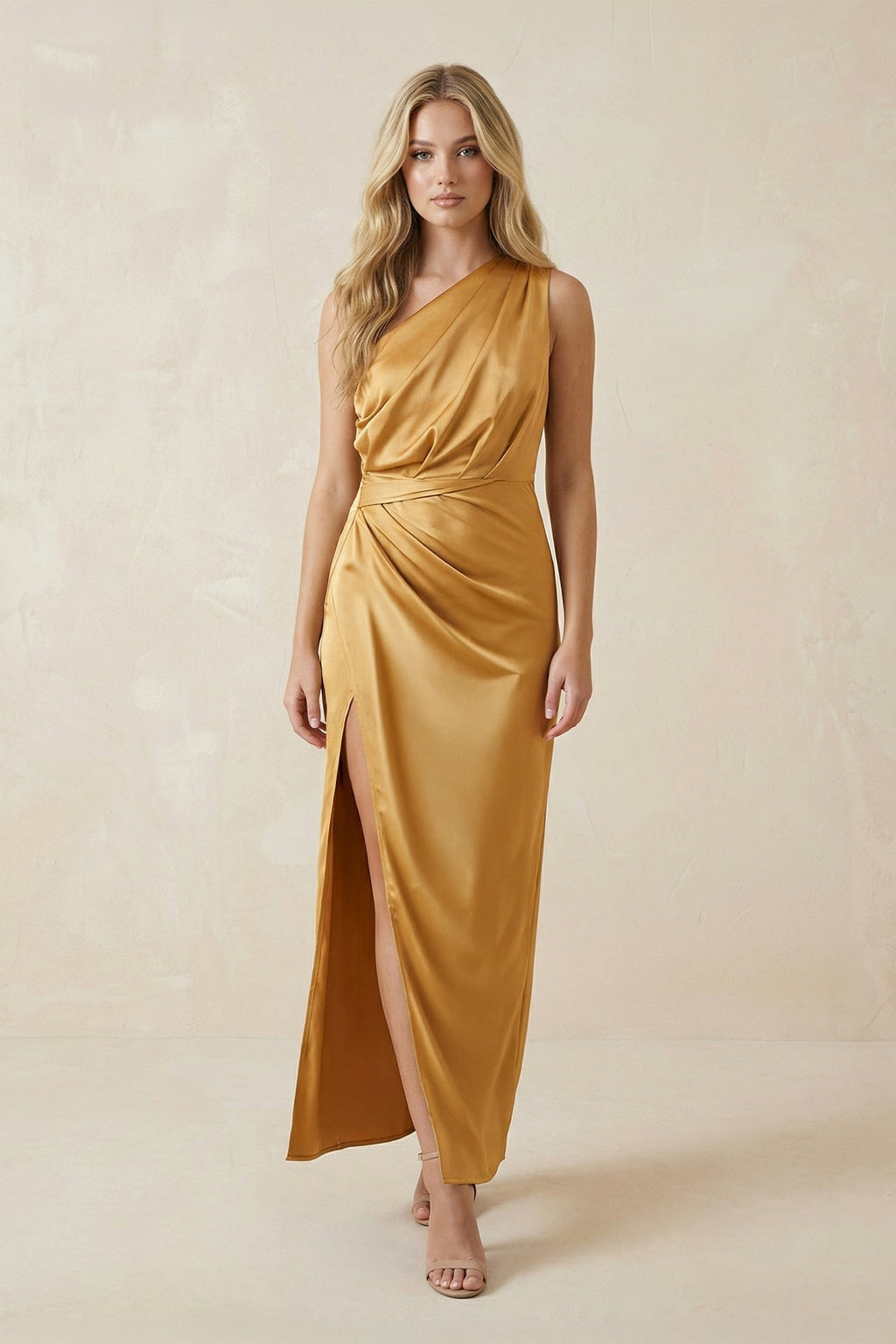 One-Shoulder Satin Ruched Sheath Bridesmaid Dress in Marigold - Curvevia
