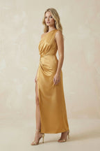 One-Shoulder Satin Ruched Sheath Bridesmaid Dress in Marigold - Curvevia