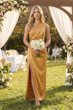 One-Shoulder Satin Ruched Sheath Bridesmaid Dress in Marigold - Curvevia