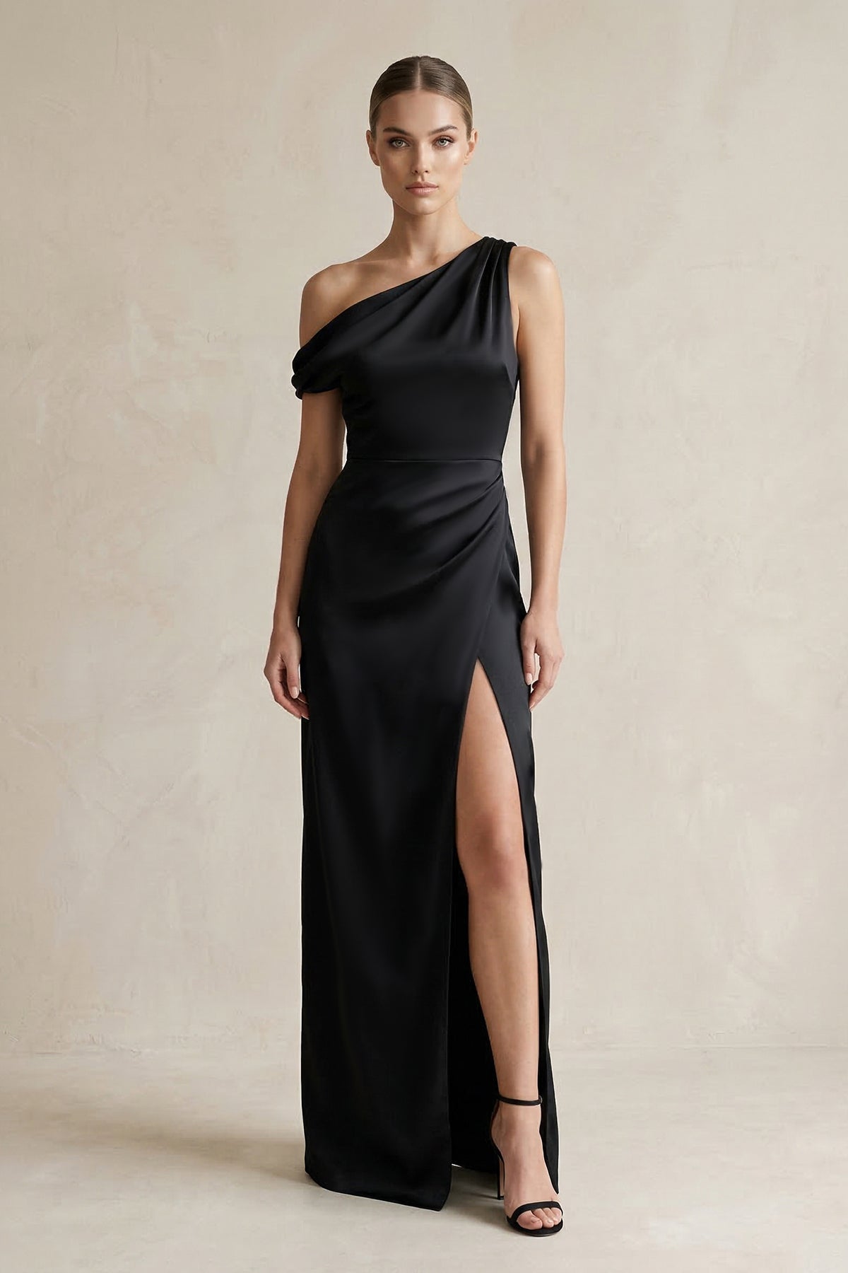 One-Shoulder Satin Sheath Bridesmaid Dress With Slit in Black - Curvevia