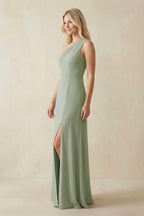 One-Shoulder Sheath Satin Bridesmaid Dress With Slit in Dove Gray - Curvevia