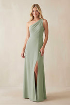 One-Shoulder Sheath Satin Bridesmaid Dress With Slit in Dove Gray - Curvevia