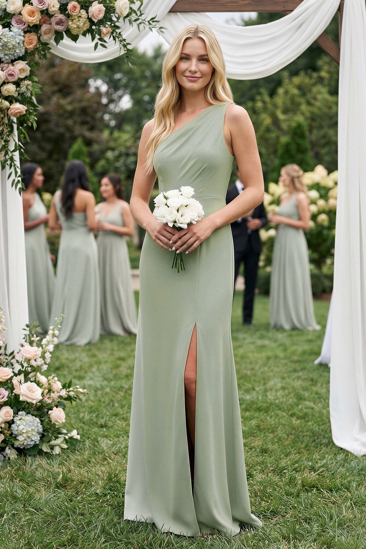 One-Shoulder Sheath Satin Bridesmaid Dress With Slit in Dove Gray - Curvevia