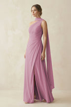 One-Shoulder Sheath Chiffon Bridesmaid Dress with Ribbon in Vintage Mauve - Curvevia