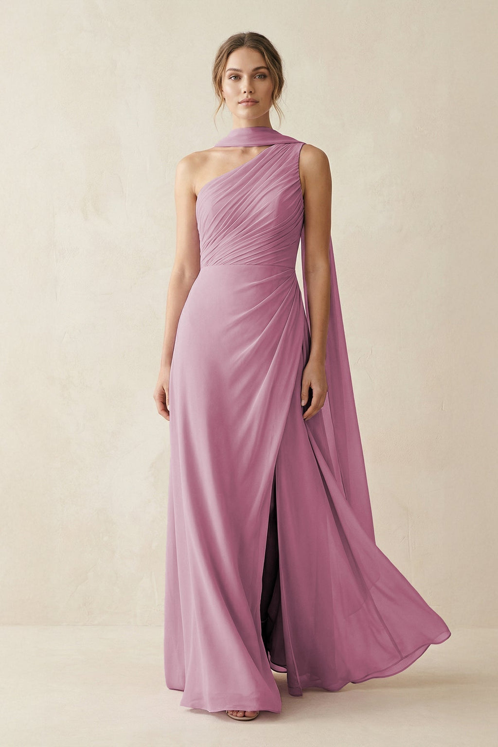 One-Shoulder Sheath Chiffon Bridesmaid Dress with Ribbon in Vintage Mauve - Curvevia