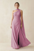 One-Shoulder Sheath Chiffon Bridesmaid Dress with Ribbon in Vintage Mauve - Curvevia