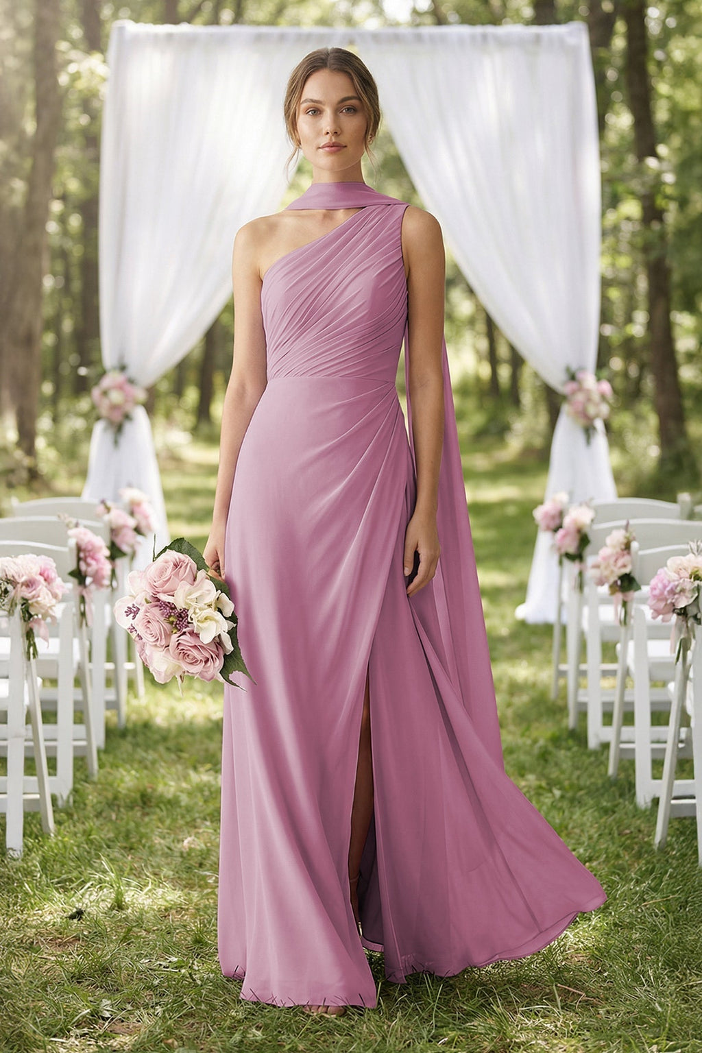 One-Shoulder Sheath Chiffon Bridesmaid Dress with Ribbon in Vintage Mauve - Curvevia