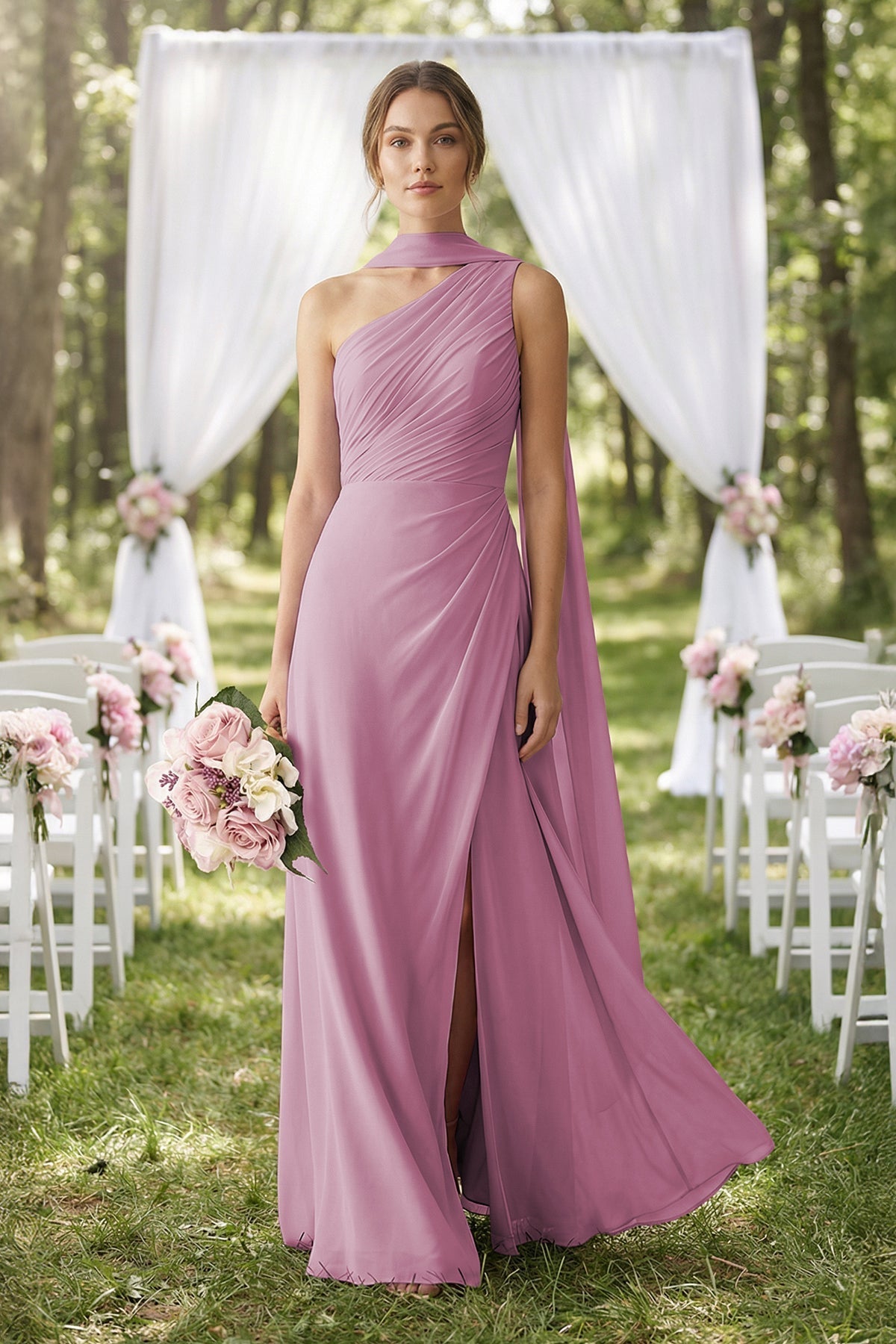 One-Shoulder Sheath Chiffon Bridesmaid Dress with Ribbon in Vintage Mauve - Curvevia