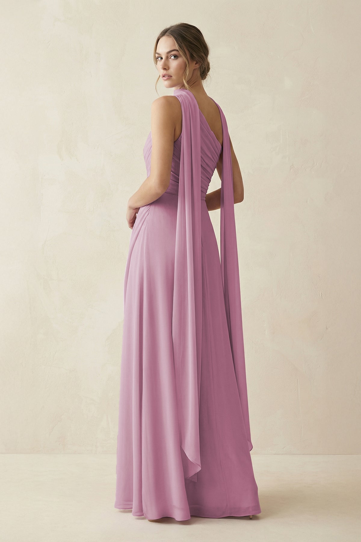 One-Shoulder Sheath Chiffon Bridesmaid Dress with Ribbon in Vintage Mauve - Curvevia
