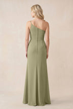 One-Shoulder Sheath Chiffon Ruched Bridesmaid Dress in Thyme - Curvevia
