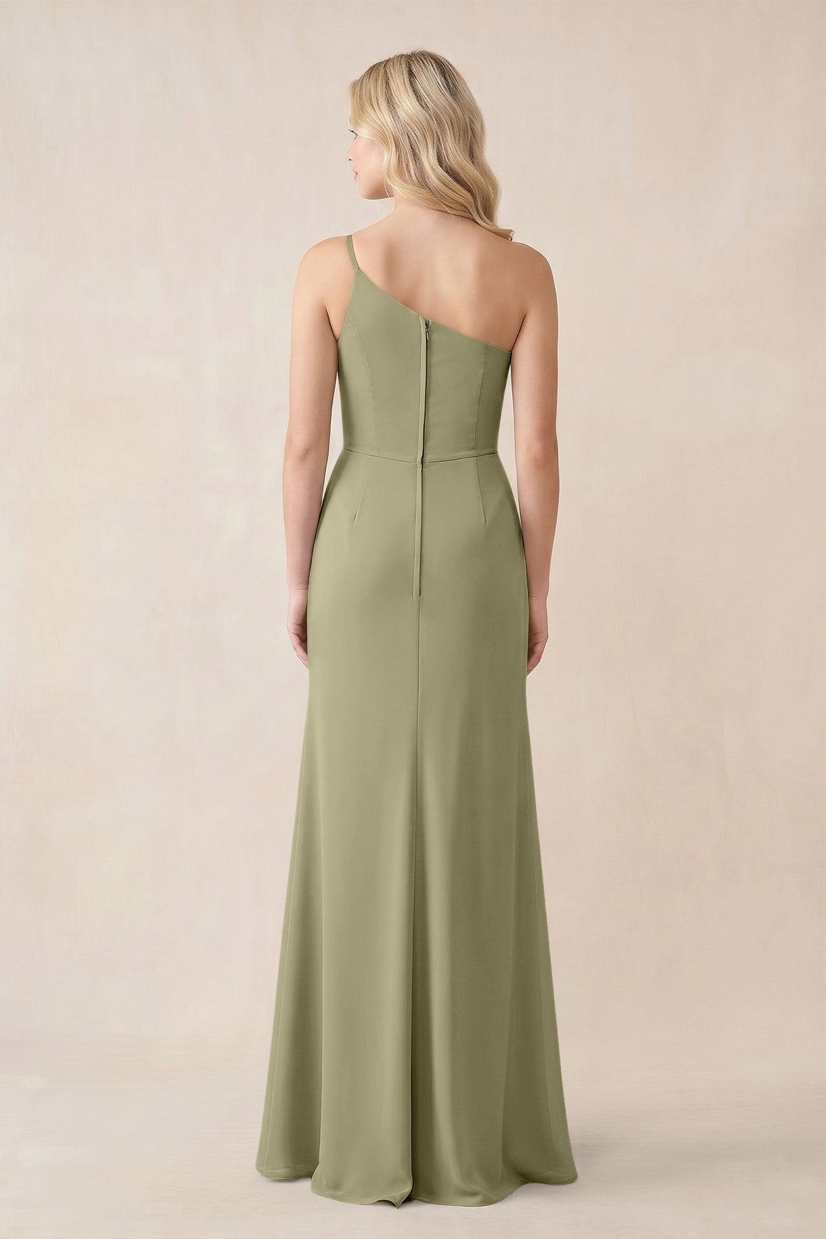 One-Shoulder Sheath Chiffon Ruched Bridesmaid Dress in Thyme - Curvevia
