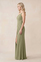 One-Shoulder Sheath Chiffon Ruched Bridesmaid Dress in Thyme - Curvevia