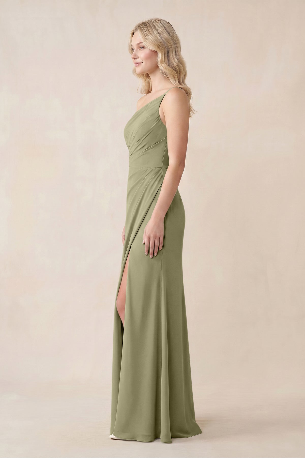 One-Shoulder Sheath Chiffon Ruched Bridesmaid Dress in Thyme - Curvevia