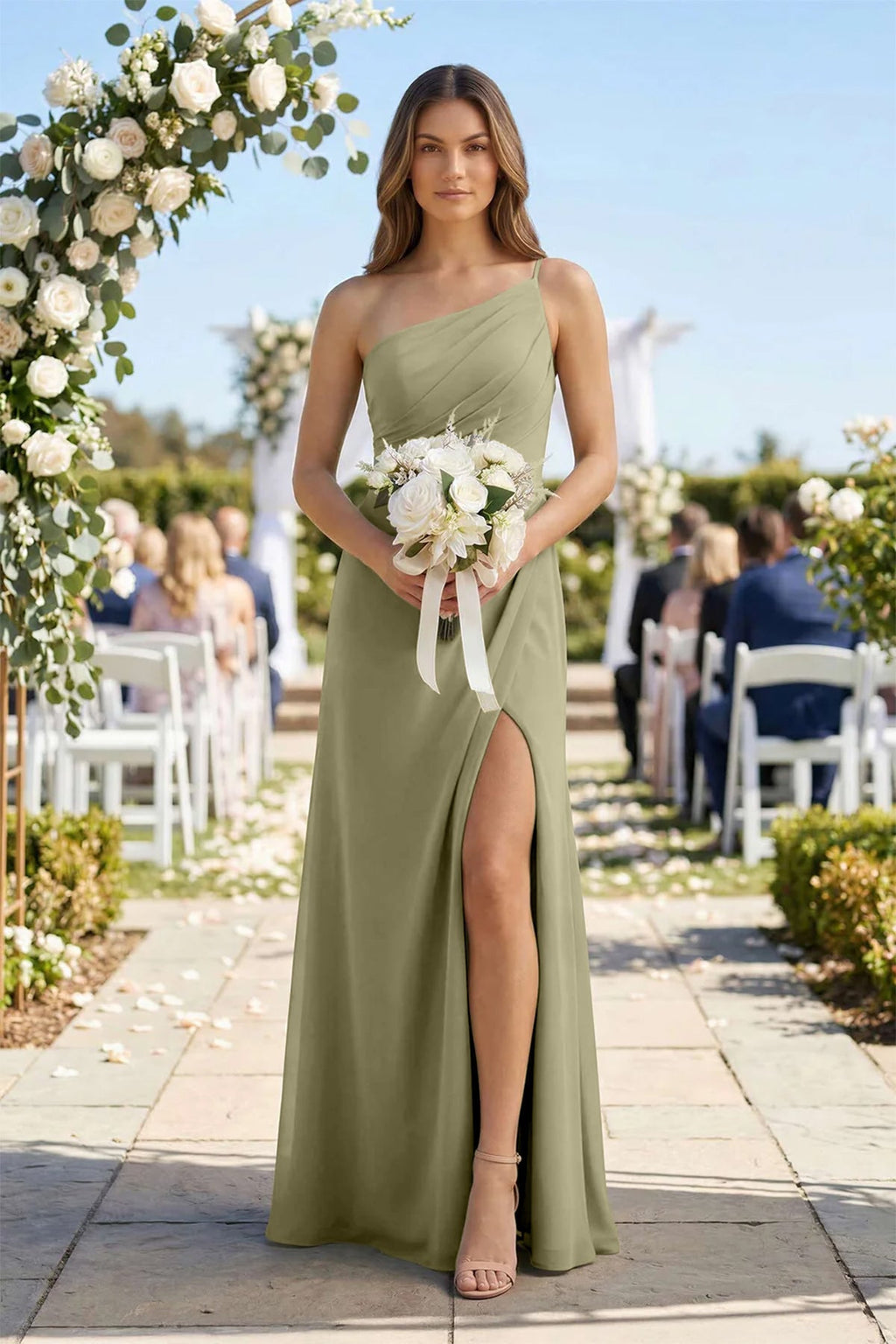 One-Shoulder Sheath Chiffon Ruched Bridesmaid Dress in Thyme - Curvevia