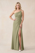 One-Shoulder Sheath Chiffon Ruched Bridesmaid Dress in Thyme - Curvevia