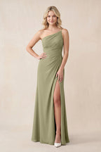 One-Shoulder Sheath Chiffon Ruched Bridesmaid Dress in Thyme - Curvevia
