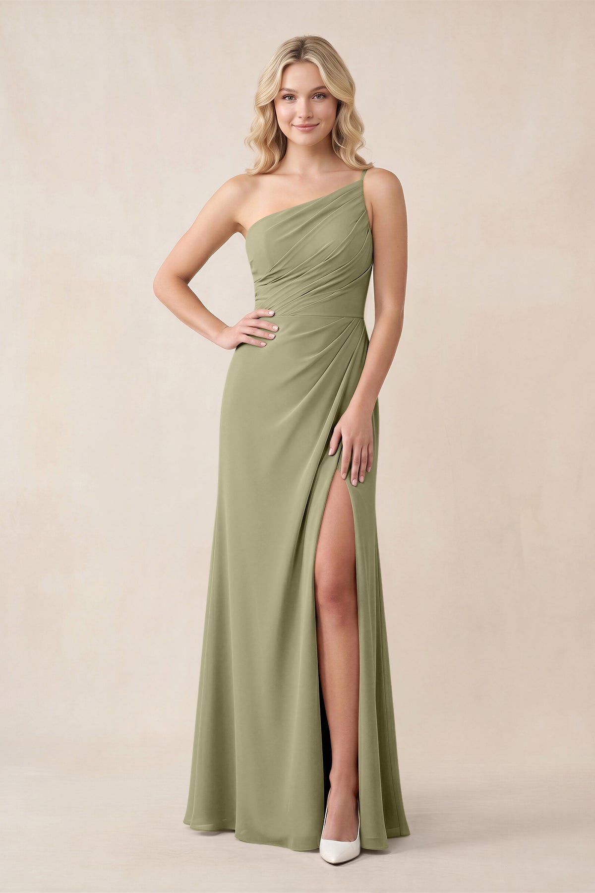 One-Shoulder Sheath Chiffon Ruched Bridesmaid Dress in Thyme - Curvevia