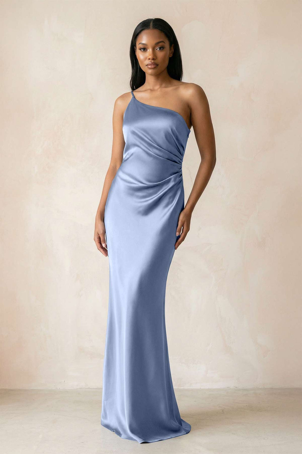 One-Shoulder Sheath Ruched Bridesmaid Dress in Mist - Curvevia