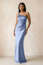 One-Shoulder Sheath Ruched Bridesmaid Dress in Mist - Curvevia