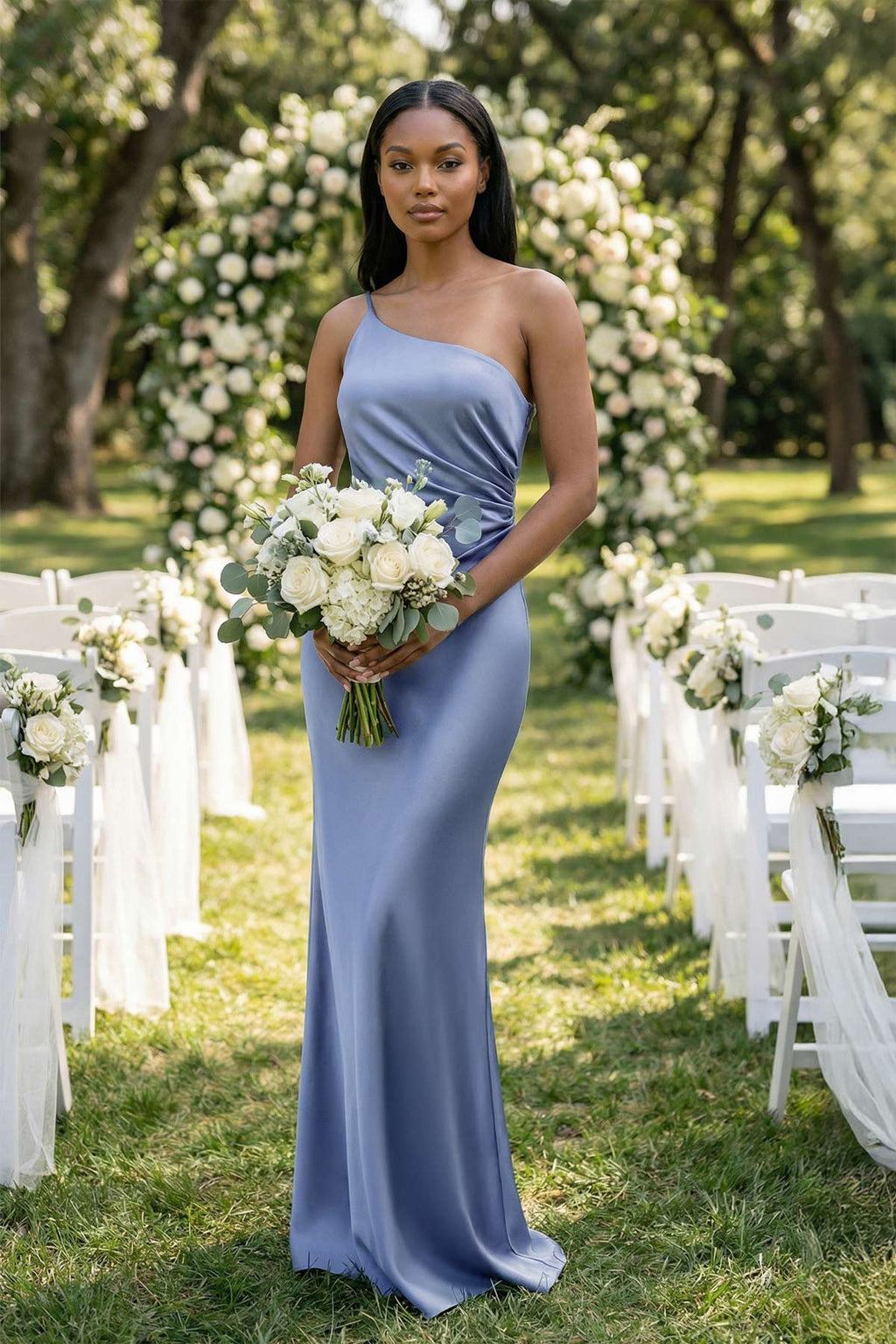 One-Shoulder Sheath Ruched Bridesmaid Dress in Mist - Curvevia