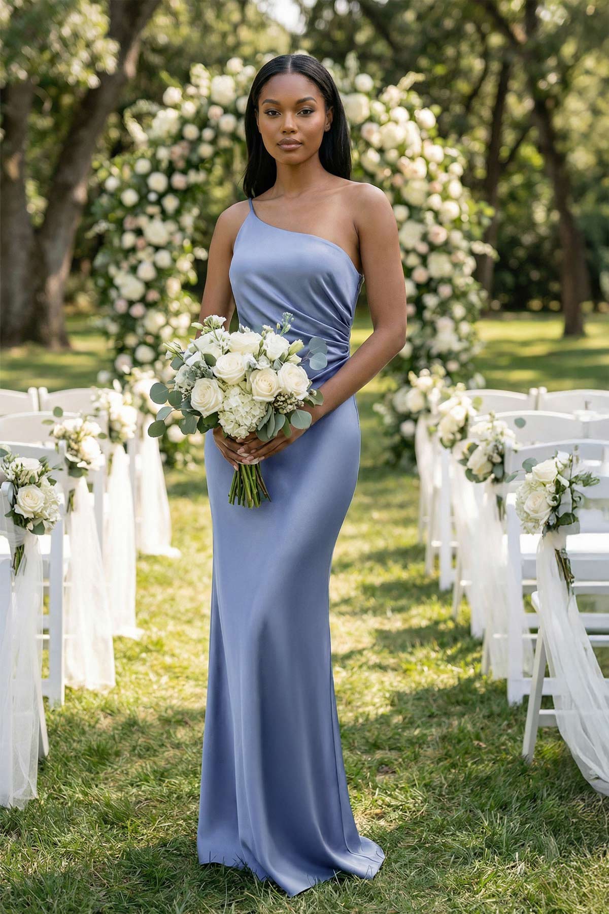 One-Shoulder Sheath Ruched Bridesmaid Dress in Mist - Curvevia