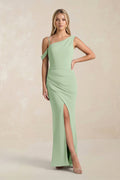 One-Shoulder Sheath Ruched Bridesmaid Dress With Slit in Sage - Curvevia