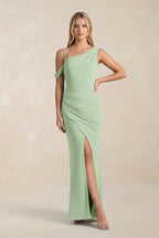 One-Shoulder Sheath Ruched Bridesmaid Dress With Slit in Sage - Curvevia