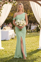 One-Shoulder Sheath Ruched Bridesmaid Dress With Slit in Sage - Curvevia