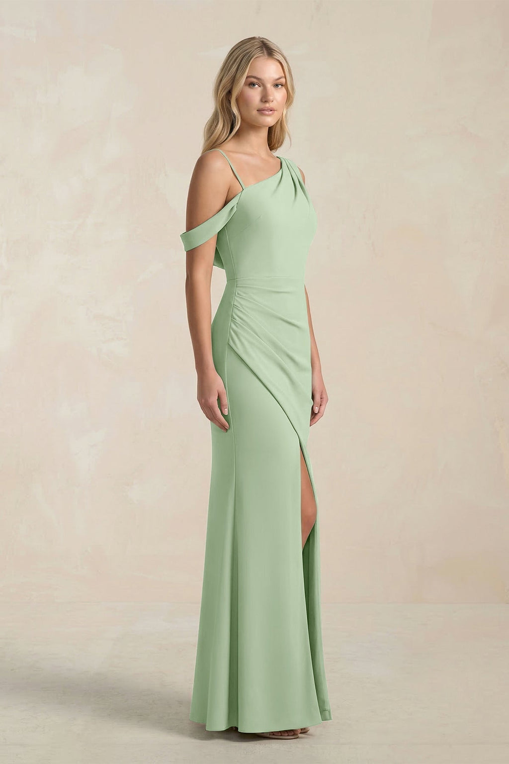 One-Shoulder Sheath Ruched Bridesmaid Dress With Slit in Sage - Curvevia