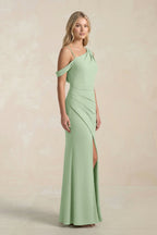 One-Shoulder Sheath Ruched Bridesmaid Dress With Slit in Sage - Curvevia